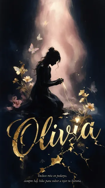 Olivia diseño 6 - Composición de ilustración semirrealista cinematográfica con silueta femenina tejiendo un hilo dorado de luz sobre un suelo oscuro fracturado al estilo Kintsugi, donde el nombre resalta en un prominente guión caligráfico dorado que emerge de las grietas, rodeado de flores blancas, mariposas y un fondo degradado de azules profundos iluminado por una luz celestial en tonos melocotón y crema, con una frase de aliento en tipografía blanca en la parte inferior.