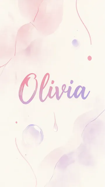 Olivia diseño 7 - Diseño abstracto en acuarela sobre fondo crema, con manchas fluidas y etéreas en rosa pastel y lila, líneas curvas que aportan movimiento, pequeñas gotas salpicadas cayendo verticalmente y una burbuja translúcida en la parte superior izquierda. El nombre resalta al centro con una tipografía cursiva amplia y elegante en degradado rosa a morado.