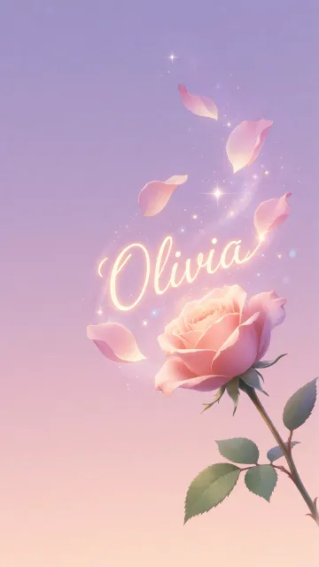 Olivia diseño 8 - Fondo de Pantalla con degradado suave que transiciona de lila en la parte superior a melocotón y rosa pastel en la base, destacando una rosa rosada hiperrealista con tallo y hojas verdes. El nombre brilla en tipografía cursiva con efecto neón cálido, adornado con pétalos cayendo y chispas de luz mágica.