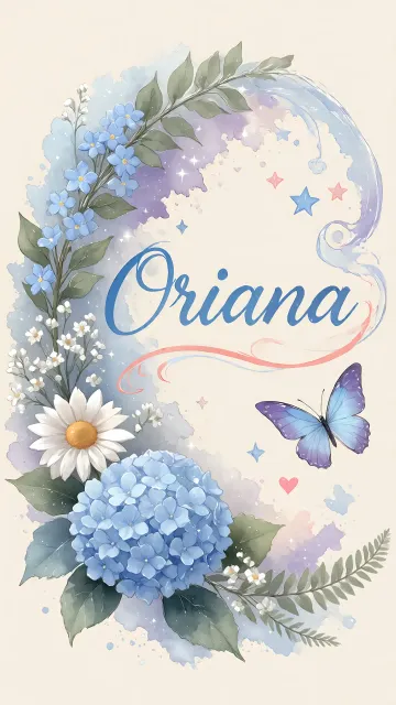 Oriana diseño 1 - Hortensias azules, flores pequeñas y acuarela suave con mariposas azules y brillo etéreo