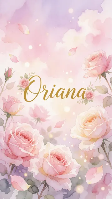 Oriana diseño 10 - Diseño estilo acuarela con un fondo etéreo y texturizado en nubes de tonos rosa pastel y lila suave. Presenta composiciones de rosas abiertas y capullos en los bordes inferior y superior, con pétalos cayendo delicadamente. Incorpora destellos de luz cálida (efecto bokeh) y, en el centro, resalta una tipografía elegante, cursiva y fluida en color dorado.