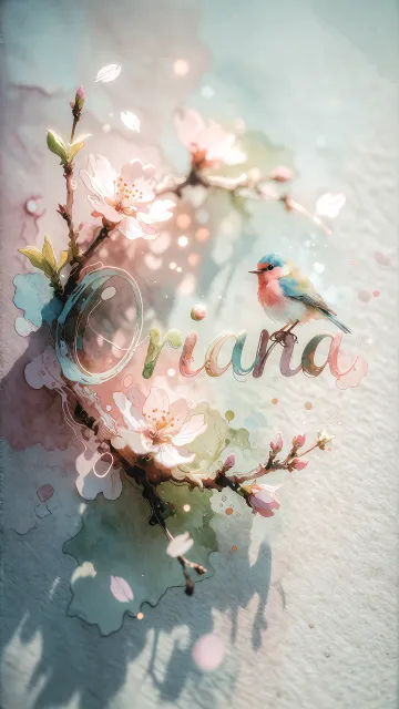 Oriana diseño 11 - Un delicado diseño de estilo acuarela digital que combina una tipografía de caligrafía personalizada para el nombre en tonos dorados y rosados suaves, adornada con pequeñas hojas y brotes. Un pajarito azul y naranja vibrante está posado en una de las letras. Todo está rodeado por un marco circular de ramas de cerezo en flor con delicadas flores rosadas y blancas. El fondo es un lavado de acuarela difuminado en tonos pastel suaves de azul cerceta, rosa rubor y melocotón sobre una textura de papel rugoso, con destellos luminosos y motas de luz bokeh flotando alrededor, creando una atmósfera mágica y soñadora. Las sombras suaves proyectadas añaden profundidad.