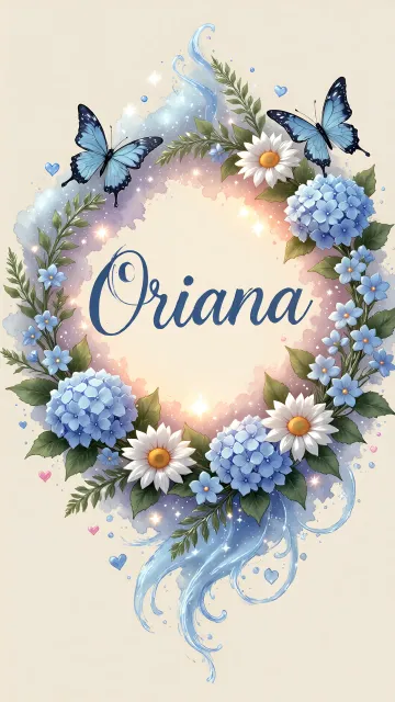 Oriana diseño 4 - Composición magica con nombre en letra cursiva azul, rodeado de hortensias azules, margaritas blancas y delicadas flores silvestres, enmarcado por suaves remolinos de agua, mariposas azules y destellos estelares sobre un fondo etéreo y romántico.