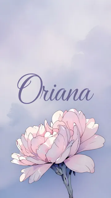 Oriana diseño 5 - Nombre en elegante tipografía cursiva caligráfica en tono lavanda, sobre fondo acuarela de cielo nublado en tonos pastel (azul, blanco, lavanda), decorado con rosa en acuarela de pétalos rosa pálido, blanco crema y lilas suaves con hojas en gris-verde.