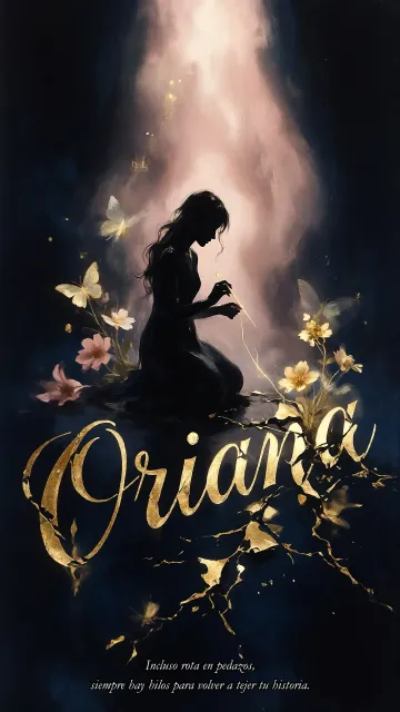 Oriana diseño 6 - Composición de ilustración semirrealista cinematográfica con silueta femenina tejiendo un hilo dorado de luz sobre un suelo oscuro fracturado al estilo Kintsugi, donde el nombre resalta en un prominente guión caligráfico dorado que emerge de las grietas, rodeado de flores blancas, mariposas y un fondo degradado de azules profundos iluminado por una luz celestial en tonos melocotón y crema, con una frase de aliento en tipografía blanca en la parte inferior.