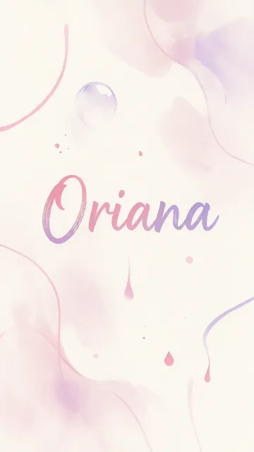 Oriana diseño 7 - Diseño abstracto en acuarela sobre fondo crema, con manchas fluidas y etéreas en rosa pastel y lila, líneas curvas que aportan movimiento, pequeñas gotas salpicadas cayendo verticalmente y una burbuja translúcida en la parte superior izquierda. El nombre resalta al centro con una tipografía cursiva amplia y elegante en degradado rosa a morado.