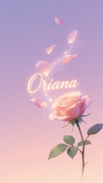 Oriana diseño 8 - Fondo de Pantalla con degradado suave que transiciona de lila en la parte superior a melocotón y rosa pastel en la base, destacando una rosa rosada hiperrealista con tallo y hojas verdes. El nombre brilla en tipografía cursiva con efecto neón cálido, adornado con pétalos cayendo y chispas de luz mágica.