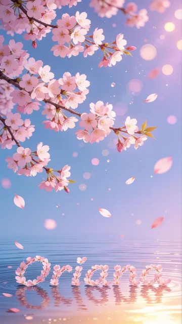 Oriana diseño 9 - Composición serena y onírica con ramas de cerezo en flor (sakura) en la parte superior contra un cielo en degradado de azul suave y lila. Pétalos de color rosa pastel flotan delicadamente en el aire cayendo hacia una superficie de agua tranquila y cristalina. En el centro inferior, el nombre está formado por pétalos de flores con un sutil efecto de relieve 3D y tipografía floral, reflejándose sobre el agua que está iluminada por un cálido destello dorado de luz solar en la esquina inferior derecha.