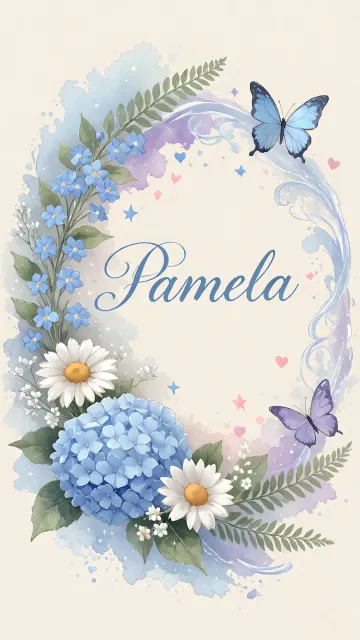 Pamela diseño 1 - Hortensias azules, flores pequeñas y acuarela suave con mariposas azules y brillo etéreo