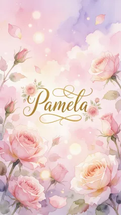 Pamela - Diseño estilo acuarela con un fondo etéreo y texturizado en nubes de tonos rosa pastel y lila suave. Presenta composiciones de rosas abiertas y capullos en los bordes inferior y superior, con pétalos cayendo delicadamente. Incorpora destellos de luz cálida (efecto bokeh) y, en el centro, resalta una tipografía elegante, cursiva y fluida en color dorado.