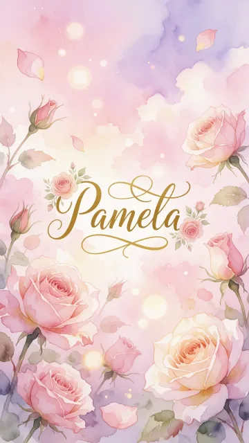 Pamela diseño 10 - Diseño estilo acuarela con un fondo etéreo y texturizado en nubes de tonos rosa pastel y lila suave. Presenta composiciones de rosas abiertas y capullos en los bordes inferior y superior, con pétalos cayendo delicadamente. Incorpora destellos de luz cálida (efecto bokeh) y, en el centro, resalta una tipografía elegante, cursiva y fluida en color dorado.