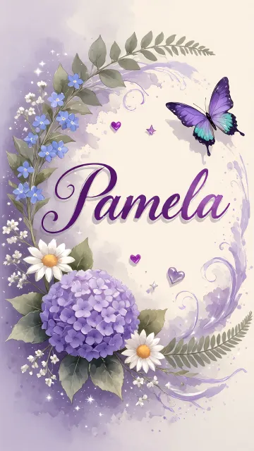 Pamela diseño 2 - Diseño elegante de hortensias en tonos lila y morados suaves, con volutas estilizadas y una mariposa mística que aporta un toque etéreo y mágico.