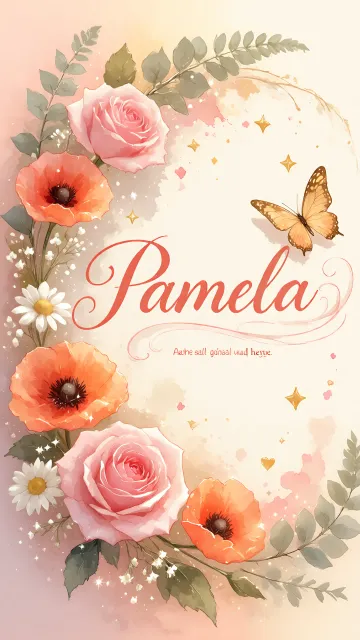Pamela diseño 3 - Elegante composición de rosas rosadas y amapolas naranjas con mariposas doradas brillantes sobre un fondo cálido, romántico y mágico.
