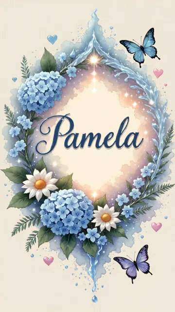 Pamela diseño 4 - Composición magica con nombre en letra cursiva azul, rodeado de hortensias azules, margaritas blancas y delicadas flores silvestres, enmarcado por suaves remolinos de agua, mariposas azules y destellos estelares sobre un fondo etéreo y romántico.
