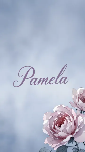 Pamela diseño 5 - Nombre en elegante tipografía cursiva caligráfica en tono lavanda, sobre fondo acuarela de cielo nublado en tonos pastel (azul, blanco, lavanda), decorado con rosa en acuarela de pétalos rosa pálido, blanco crema y lilas suaves con hojas en gris-verde.