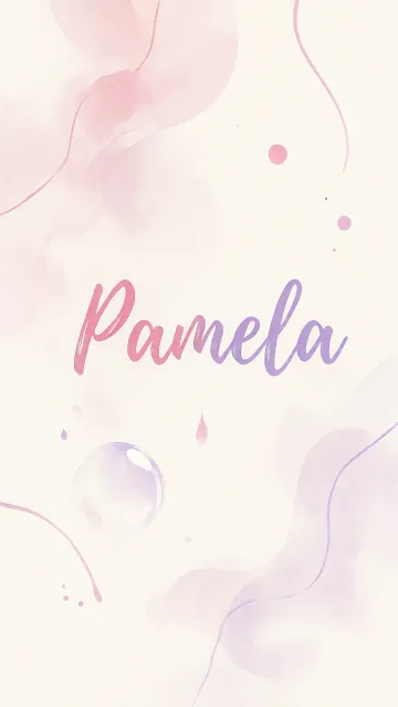 Pamela diseño 7 - Diseño abstracto en acuarela sobre fondo crema, con manchas fluidas y etéreas en rosa pastel y lila, líneas curvas que aportan movimiento, pequeñas gotas salpicadas cayendo verticalmente y una burbuja translúcida en la parte superior izquierda. El nombre resalta al centro con una tipografía cursiva amplia y elegante en degradado rosa a morado.