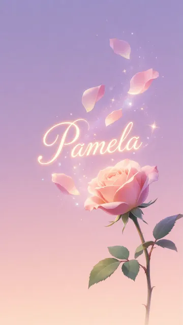 Pamela diseño 8 - Fondo de Pantalla con degradado suave que transiciona de lila en la parte superior a melocotón y rosa pastel en la base, destacando una rosa rosada hiperrealista con tallo y hojas verdes. El nombre brilla en tipografía cursiva con efecto neón cálido, adornado con pétalos cayendo y chispas de luz mágica.