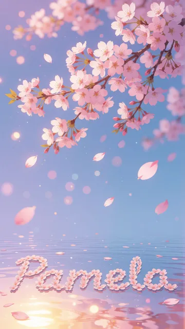 Pamela diseño 9 - Composición serena y onírica con ramas de cerezo en flor (sakura) en la parte superior contra un cielo en degradado de azul suave y lila. Pétalos de color rosa pastel flotan delicadamente en el aire cayendo hacia una superficie de agua tranquila y cristalina. En el centro inferior, el nombre está formado por pétalos de flores con un sutil efecto de relieve 3D y tipografía floral, reflejándose sobre el agua que está iluminada por un cálido destello dorado de luz solar en la esquina inferior derecha.