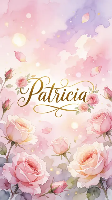 Patricia diseño 10 - Diseño estilo acuarela con un fondo etéreo y texturizado en nubes de tonos rosa pastel y lila suave. Presenta composiciones de rosas abiertas y capullos en los bordes inferior y superior, con pétalos cayendo delicadamente. Incorpora destellos de luz cálida (efecto bokeh) y, en el centro, resalta una tipografía elegante, cursiva y fluida en color dorado.