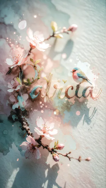 Patricia diseño 11 - Un delicado diseño de estilo acuarela digital que combina una tipografía de caligrafía personalizada para el nombre en tonos dorados y rosados suaves, adornada con pequeñas hojas y brotes. Un pajarito azul y naranja vibrante está posado en una de las letras. Todo está rodeado por un marco circular de ramas de cerezo en flor con delicadas flores rosadas y blancas. El fondo es un lavado de acuarela difuminado en tonos pastel suaves de azul cerceta, rosa rubor y melocotón sobre una textura de papel rugoso, con destellos luminosos y motas de luz bokeh flotando alrededor, creando una atmósfera mágica y soñadora. Las sombras suaves proyectadas añaden profundidad.
