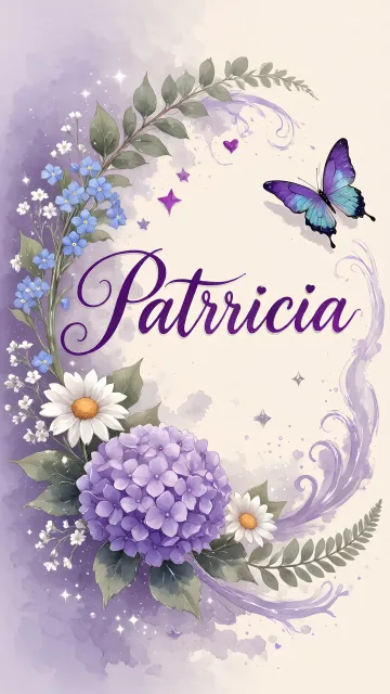 Patricia diseño 2 - Diseño elegante de hortensias en tonos lila y morados suaves, con volutas estilizadas y una mariposa mística que aporta un toque etéreo y mágico.