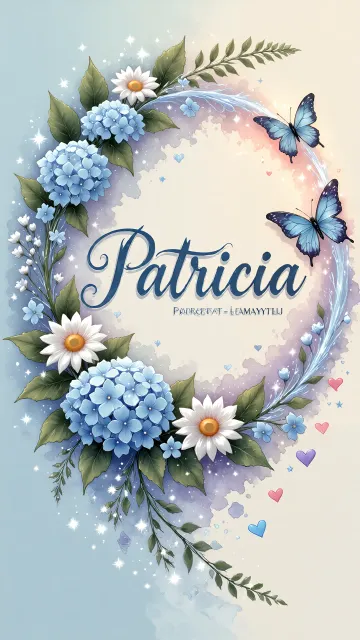 Patricia diseño 4 - Composición magica con nombre en letra cursiva azul, rodeado de hortensias azules, margaritas blancas y delicadas flores silvestres, enmarcado por suaves remolinos de agua, mariposas azules y destellos estelares sobre un fondo etéreo y romántico.