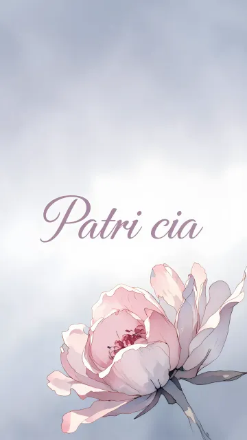 Patricia diseño 5 - Nombre en elegante tipografía cursiva caligráfica en tono lavanda, sobre fondo acuarela de cielo nublado en tonos pastel (azul, blanco, lavanda), decorado con rosa en acuarela de pétalos rosa pálido, blanco crema y lilas suaves con hojas en gris-verde.