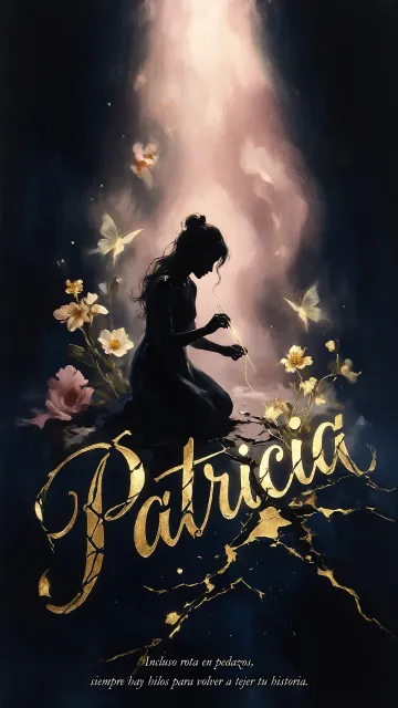 Patricia diseño 6 - Composición de ilustración semirrealista cinematográfica con silueta femenina tejiendo un hilo dorado de luz sobre un suelo oscuro fracturado al estilo Kintsugi, donde el nombre resalta en un prominente guión caligráfico dorado que emerge de las grietas, rodeado de flores blancas, mariposas y un fondo degradado de azules profundos iluminado por una luz celestial en tonos melocotón y crema, con una frase de aliento en tipografía blanca en la parte inferior.