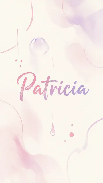 Patricia diseño 7 - Diseño abstracto en acuarela sobre fondo crema, con manchas fluidas y etéreas en rosa pastel y lila, líneas curvas que aportan movimiento, pequeñas gotas salpicadas cayendo verticalmente y una burbuja translúcida en la parte superior izquierda. El nombre resalta al centro con una tipografía cursiva amplia y elegante en degradado rosa a morado.