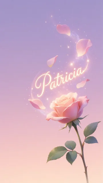 Patricia diseño 8 - Fondo de Pantalla con degradado suave que transiciona de lila en la parte superior a melocotón y rosa pastel en la base, destacando una rosa rosada hiperrealista con tallo y hojas verdes. El nombre brilla en tipografía cursiva con efecto neón cálido, adornado con pétalos cayendo y chispas de luz mágica.