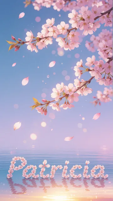 Patricia diseño 9 - Composición serena y onírica con ramas de cerezo en flor (sakura) en la parte superior contra un cielo en degradado de azul suave y lila. Pétalos de color rosa pastel flotan delicadamente en el aire cayendo hacia una superficie de agua tranquila y cristalina. En el centro inferior, el nombre está formado por pétalos de flores con un sutil efecto de relieve 3D y tipografía floral, reflejándose sobre el agua que está iluminada por un cálido destello dorado de luz solar en la esquina inferior derecha.