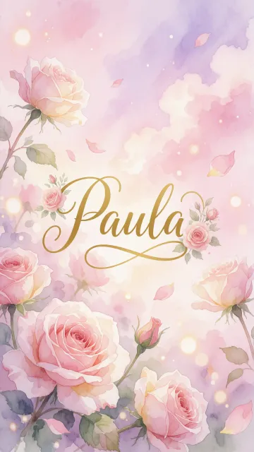 Paula diseño 10 - Diseño estilo acuarela con un fondo etéreo y texturizado en nubes de tonos rosa pastel y lila suave. Presenta composiciones de rosas abiertas y capullos en los bordes inferior y superior, con pétalos cayendo delicadamente. Incorpora destellos de luz cálida (efecto bokeh) y, en el centro, resalta una tipografía elegante, cursiva y fluida en color dorado.