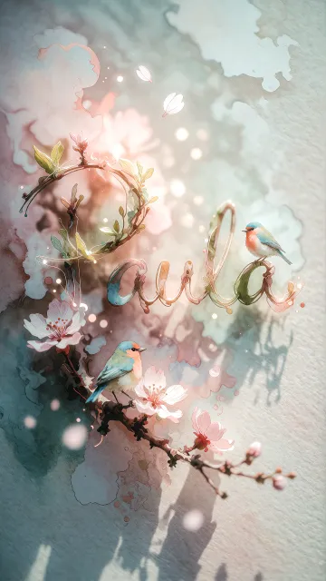 Paula diseño 11 - Un delicado diseño de estilo acuarela digital que combina una tipografía de caligrafía personalizada para el nombre en tonos dorados y rosados suaves, adornada con pequeñas hojas y brotes. Un pajarito azul y naranja vibrante está posado en una de las letras. Todo está rodeado por un marco circular de ramas de cerezo en flor con delicadas flores rosadas y blancas. El fondo es un lavado de acuarela difuminado en tonos pastel suaves de azul cerceta, rosa rubor y melocotón sobre una textura de papel rugoso, con destellos luminosos y motas de luz bokeh flotando alrededor, creando una atmósfera mágica y soñadora. Las sombras suaves proyectadas añaden profundidad.