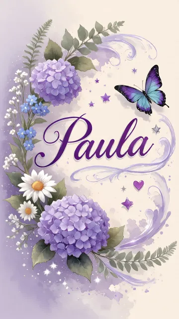 Paula diseño 2 - Diseño elegante de hortensias en tonos lila y morados suaves, con volutas estilizadas y una mariposa mística que aporta un toque etéreo y mágico.