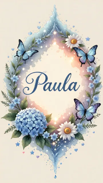 Paula diseño 4 - Composición magica con nombre en letra cursiva azul, rodeado de hortensias azules, margaritas blancas y delicadas flores silvestres, enmarcado por suaves remolinos de agua, mariposas azules y destellos estelares sobre un fondo etéreo y romántico.