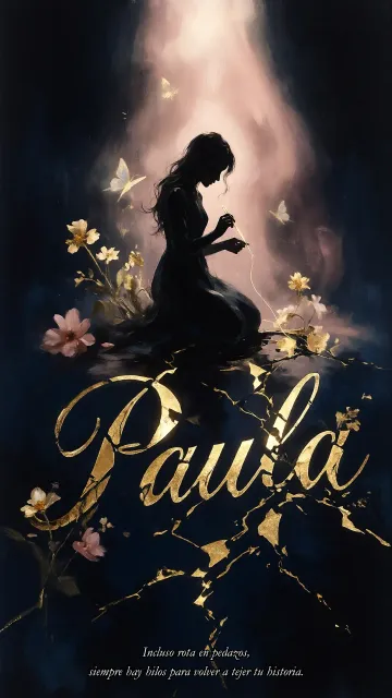 Paula diseño 6 - Composición de ilustración semirrealista cinematográfica con silueta femenina tejiendo un hilo dorado de luz sobre un suelo oscuro fracturado al estilo Kintsugi, donde el nombre resalta en un prominente guión caligráfico dorado que emerge de las grietas, rodeado de flores blancas, mariposas y un fondo degradado de azules profundos iluminado por una luz celestial en tonos melocotón y crema, con una frase de aliento en tipografía blanca en la parte inferior.