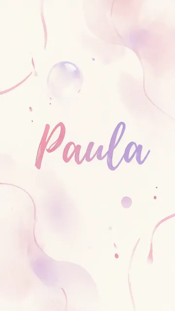 Paula diseño 7 - Diseño abstracto en acuarela sobre fondo crema, con manchas fluidas y etéreas en rosa pastel y lila, líneas curvas que aportan movimiento, pequeñas gotas salpicadas cayendo verticalmente y una burbuja translúcida en la parte superior izquierda. El nombre resalta al centro con una tipografía cursiva amplia y elegante en degradado rosa a morado.