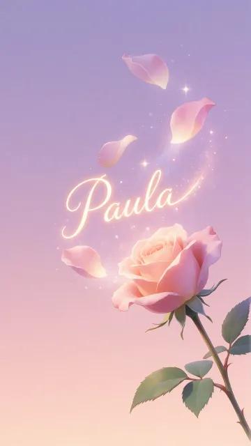 Paula diseño 8 - Fondo de Pantalla con degradado suave que transiciona de lila en la parte superior a melocotón y rosa pastel en la base, destacando una rosa rosada hiperrealista con tallo y hojas verdes. El nombre brilla en tipografía cursiva con efecto neón cálido, adornado con pétalos cayendo y chispas de luz mágica.