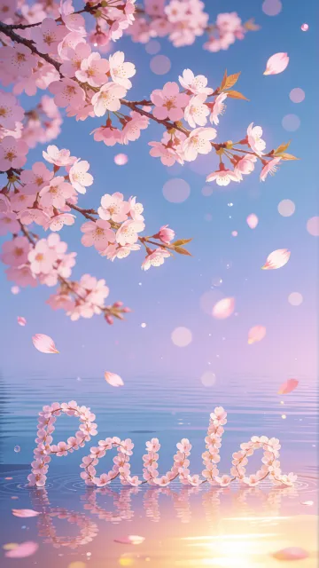 Paula diseño 9 - Composición serena y onírica con ramas de cerezo en flor (sakura) en la parte superior contra un cielo en degradado de azul suave y lila. Pétalos de color rosa pastel flotan delicadamente en el aire cayendo hacia una superficie de agua tranquila y cristalina. En el centro inferior, el nombre está formado por pétalos de flores con un sutil efecto de relieve 3D y tipografía floral, reflejándose sobre el agua que está iluminada por un cálido destello dorado de luz solar en la esquina inferior derecha.