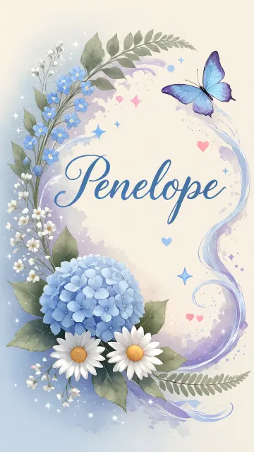 Penelope diseño 1 - Hortensias azules, flores pequeñas y acuarela suave con mariposas azules y brillo etéreo