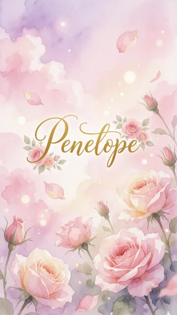 Penelope diseño 10 - Diseño estilo acuarela con un fondo etéreo y texturizado en nubes de tonos rosa pastel y lila suave. Presenta composiciones de rosas abiertas y capullos en los bordes inferior y superior, con pétalos cayendo delicadamente. Incorpora destellos de luz cálida (efecto bokeh) y, en el centro, resalta una tipografía elegante, cursiva y fluida en color dorado.