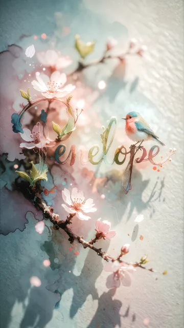 Penelope diseño 11 - Un delicado diseño de estilo acuarela digital que combina una tipografía de caligrafía personalizada para el nombre en tonos dorados y rosados suaves, adornada con pequeñas hojas y brotes. Un pajarito azul y naranja vibrante está posado en una de las letras. Todo está rodeado por un marco circular de ramas de cerezo en flor con delicadas flores rosadas y blancas. El fondo es un lavado de acuarela difuminado en tonos pastel suaves de azul cerceta, rosa rubor y melocotón sobre una textura de papel rugoso, con destellos luminosos y motas de luz bokeh flotando alrededor, creando una atmósfera mágica y soñadora. Las sombras suaves proyectadas añaden profundidad.