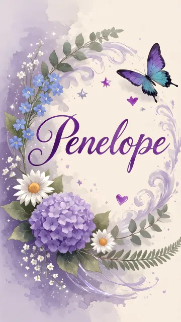 Penelope diseño 2 - Diseño elegante de hortensias en tonos lila y morados suaves, con volutas estilizadas y una mariposa mística que aporta un toque etéreo y mágico.