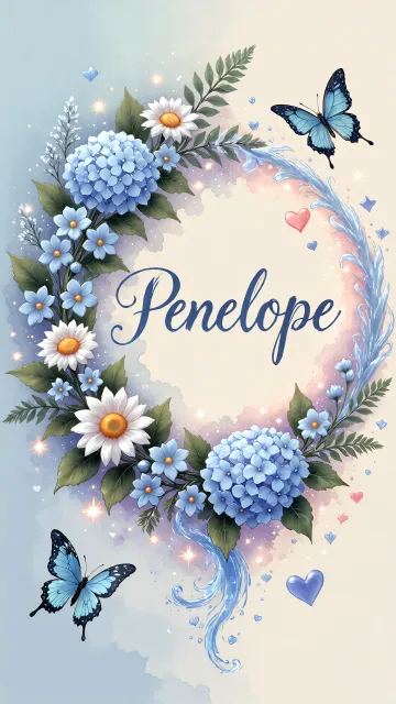 Penelope diseño 4 - Composición magica con nombre en letra cursiva azul, rodeado de hortensias azules, margaritas blancas y delicadas flores silvestres, enmarcado por suaves remolinos de agua, mariposas azules y destellos estelares sobre un fondo etéreo y romántico.