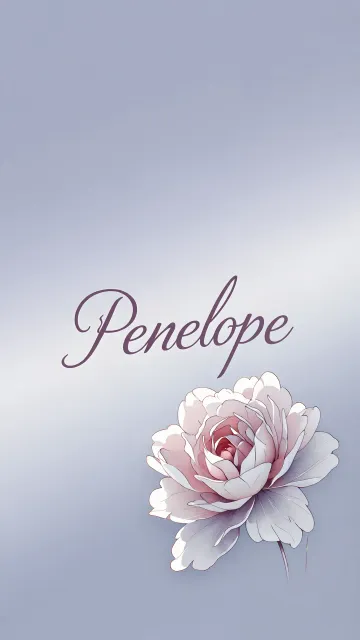 Penelope diseño 5 - Nombre en elegante tipografía cursiva caligráfica en tono lavanda, sobre fondo acuarela de cielo nublado en tonos pastel (azul, blanco, lavanda), decorado con rosa en acuarela de pétalos rosa pálido, blanco crema y lilas suaves con hojas en gris-verde.