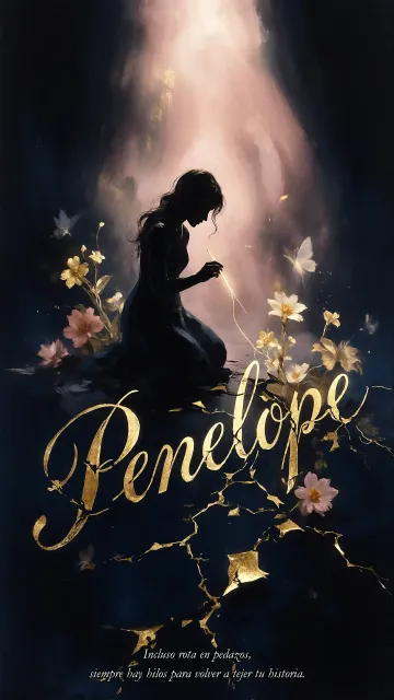 Penelope diseño 6 - Composición de ilustración semirrealista cinematográfica con silueta femenina tejiendo un hilo dorado de luz sobre un suelo oscuro fracturado al estilo Kintsugi, donde el nombre resalta en un prominente guión caligráfico dorado que emerge de las grietas, rodeado de flores blancas, mariposas y un fondo degradado de azules profundos iluminado por una luz celestial en tonos melocotón y crema, con una frase de aliento en tipografía blanca en la parte inferior.