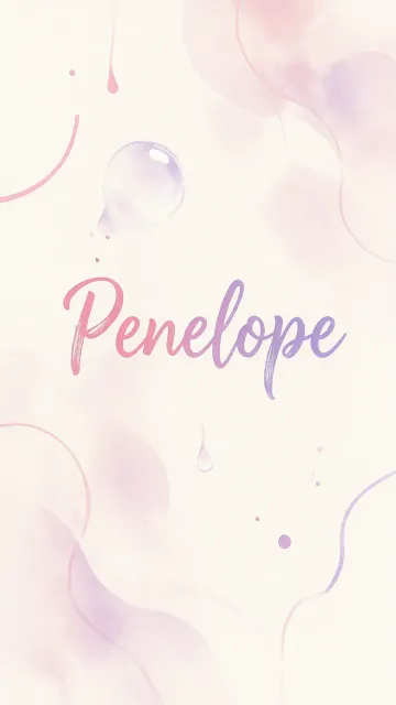 Penelope diseño 7 - Diseño abstracto en acuarela sobre fondo crema, con manchas fluidas y etéreas en rosa pastel y lila, líneas curvas que aportan movimiento, pequeñas gotas salpicadas cayendo verticalmente y una burbuja translúcida en la parte superior izquierda. El nombre resalta al centro con una tipografía cursiva amplia y elegante en degradado rosa a morado.