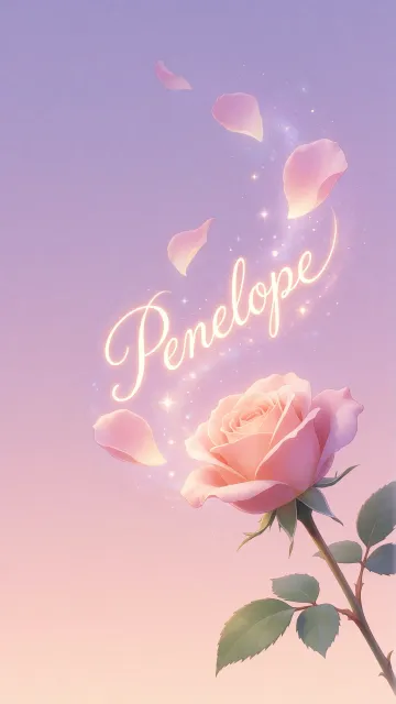 Penelope diseño 8 - Fondo de Pantalla con degradado suave que transiciona de lila en la parte superior a melocotón y rosa pastel en la base, destacando una rosa rosada hiperrealista con tallo y hojas verdes. El nombre brilla en tipografía cursiva con efecto neón cálido, adornado con pétalos cayendo y chispas de luz mágica.
