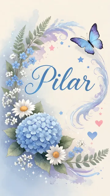 Pilar diseño 1 - Hortensias azules, flores pequeñas y acuarela suave con mariposas azules y brillo etéreo