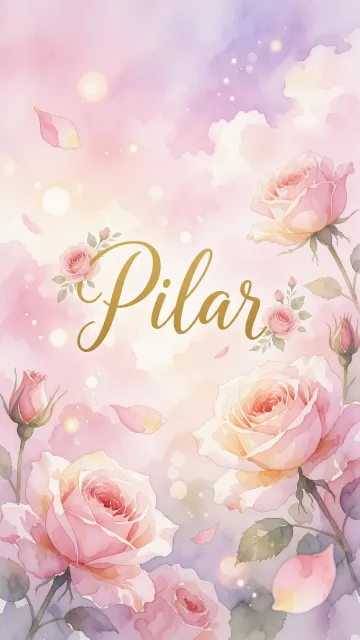 Pilar diseño 10 - Diseño estilo acuarela con un fondo etéreo y texturizado en nubes de tonos rosa pastel y lila suave. Presenta composiciones de rosas abiertas y capullos en los bordes inferior y superior, con pétalos cayendo delicadamente. Incorpora destellos de luz cálida (efecto bokeh) y, en el centro, resalta una tipografía elegante, cursiva y fluida en color dorado.